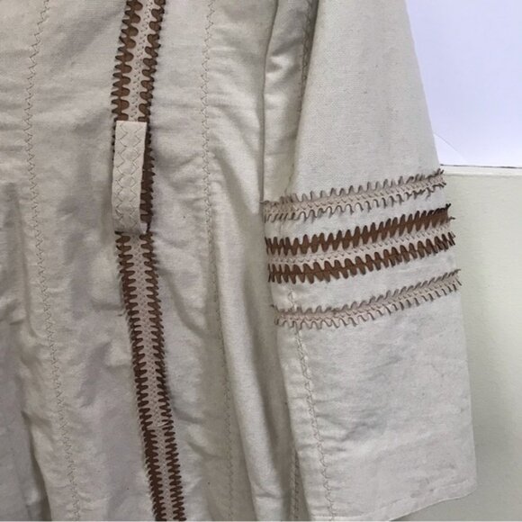 Cole Haan Cotton Lambskin Leather Detail Boho Trench Coat Jacket Fitted Pockets - Picture 7 of 16